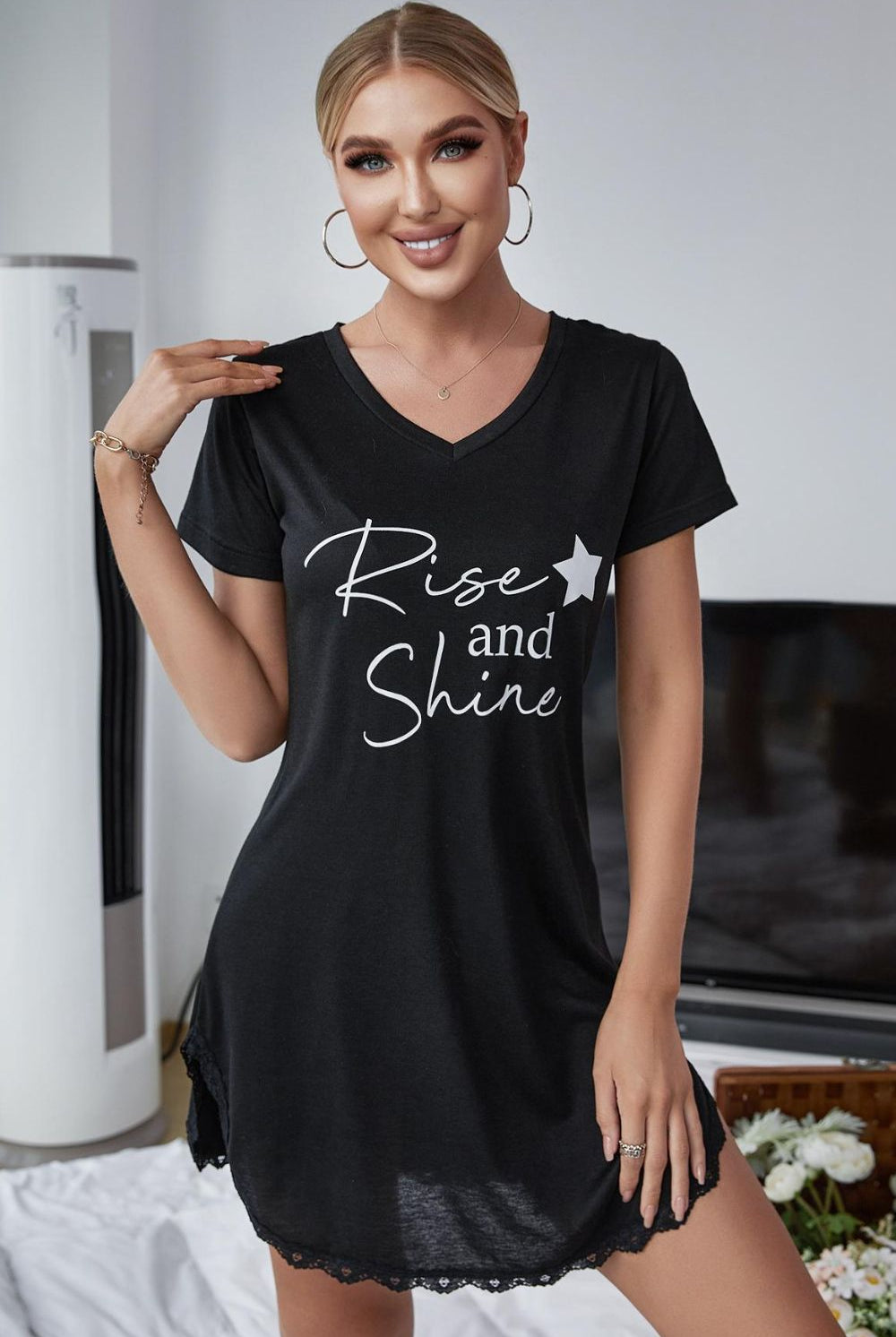 RISE AND SHINE Contrast Lace V-Neck T-Shirt Dress - Shirley's